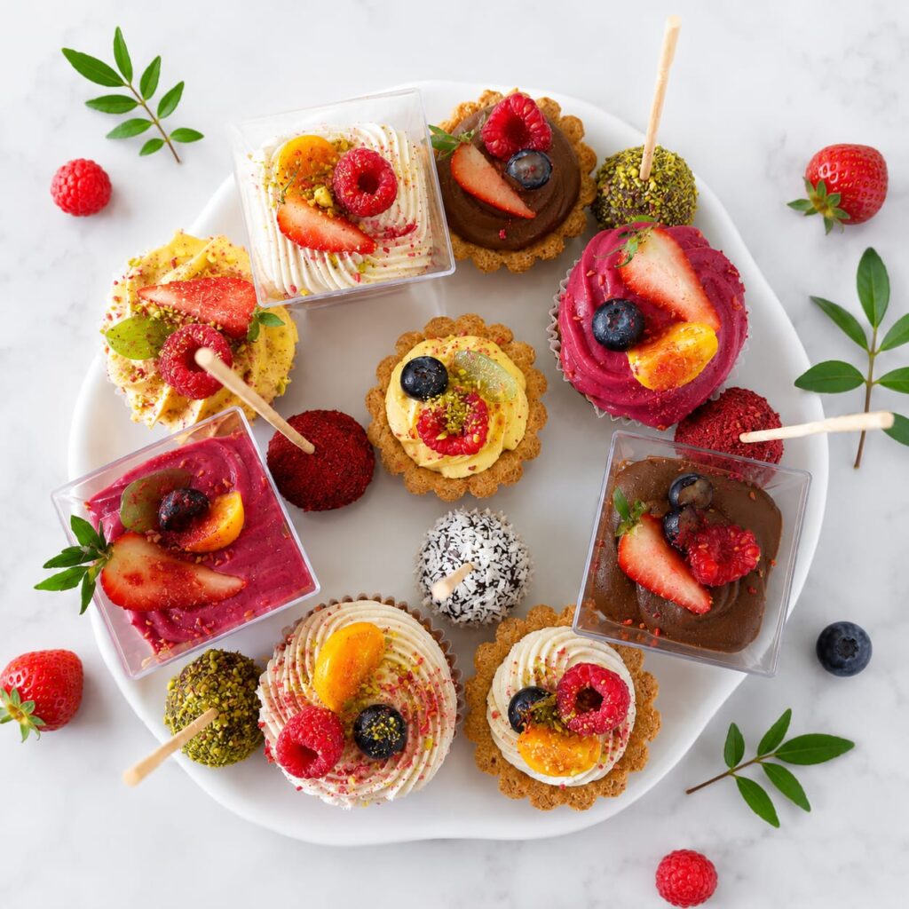 Platou Variety cu patru mini deserturi: verrină, cake pop, brioșă și mini tartă